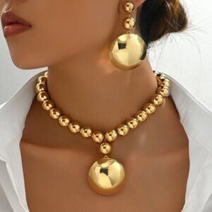 Gold-plated necklace, women's jewelry set with round beads, high-end necklace an